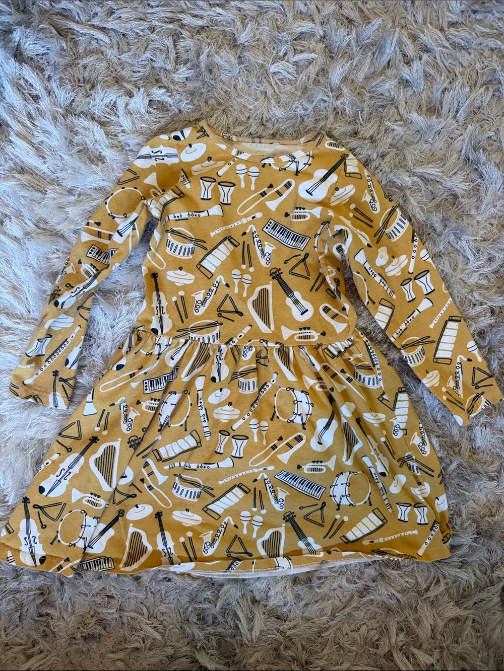 Girls' Mustard Long-Sleeve Music Print Dress